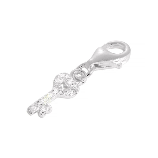 Sterling Silver & CZ Crystal Encrusted Heart Key Clip on Charm