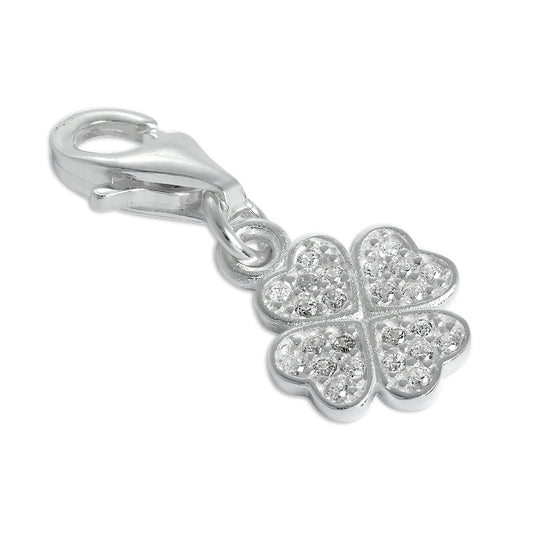 CZ Crystal Encrusted Sterling Silver Lucky 4 Leaf Clover Clip on Charm