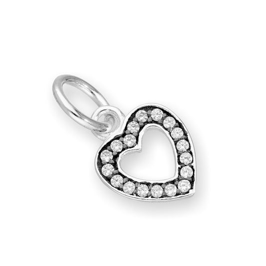 Sterling Silver & Clear CZ Crystal Open Heart Charm w Black Rhodium