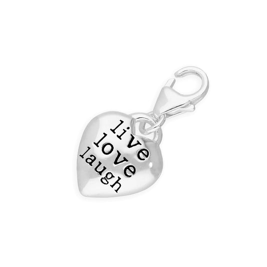 Hollow Sterling Silver Live Laugh Love Heart Pebble Clip Charm