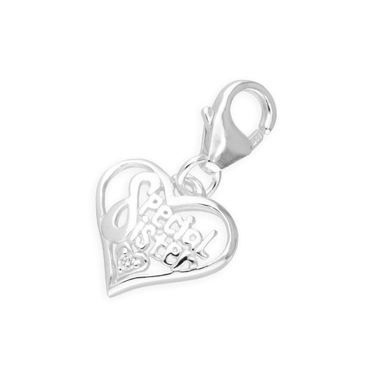 Sterling Silver and Crystal Special Sister Heart Clip on Charm
