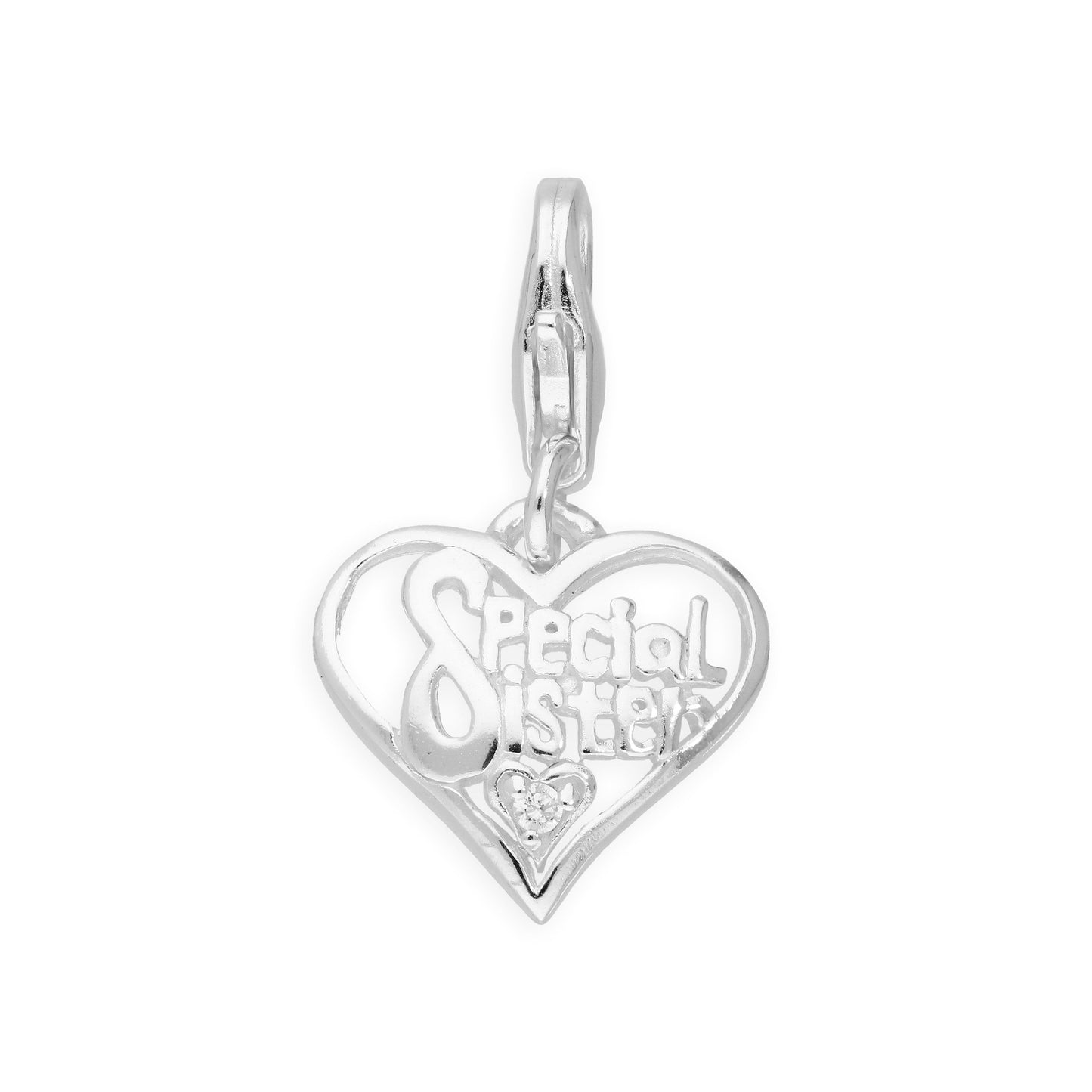 Sterling Silver and Crystal Special Sister Heart Clip on Charm