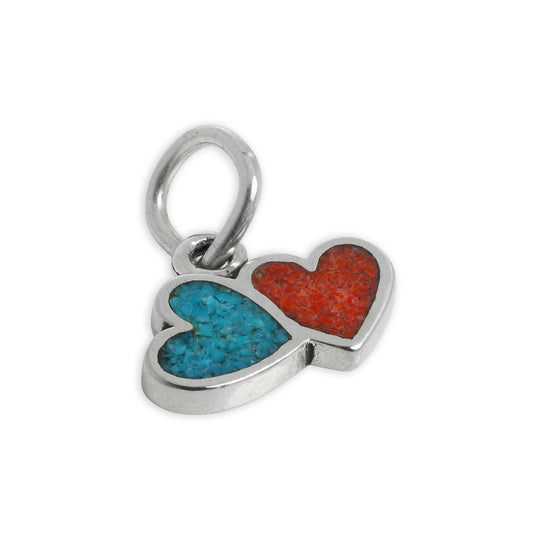 Sterling Silver Turquoise & Red Enamel Double Heart Charm