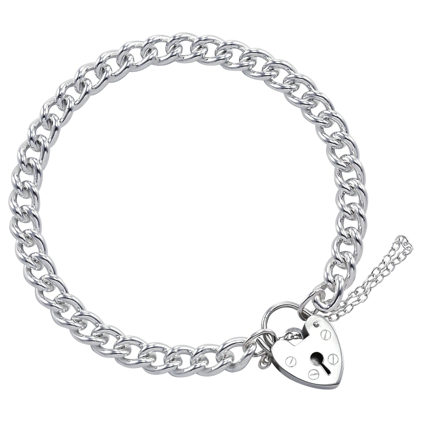 Sterling Silver Single Curb Charm Bracelet With Heart Clasp