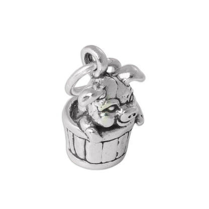 Sterling Silver 3D Pig in Barrel Charm