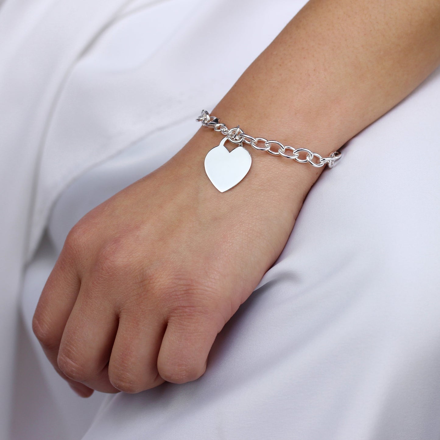 Sterling Silver 7 Inch Charm Bracelet with Large Engravable Heart Tag
