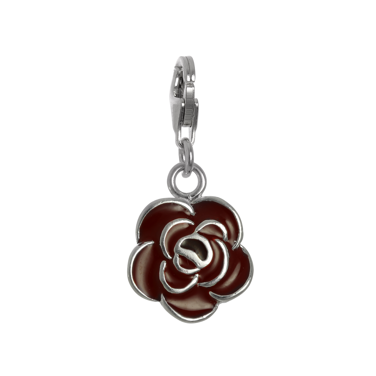 Sterling Silver & Red Enamel Rose Flower Clip on Charm