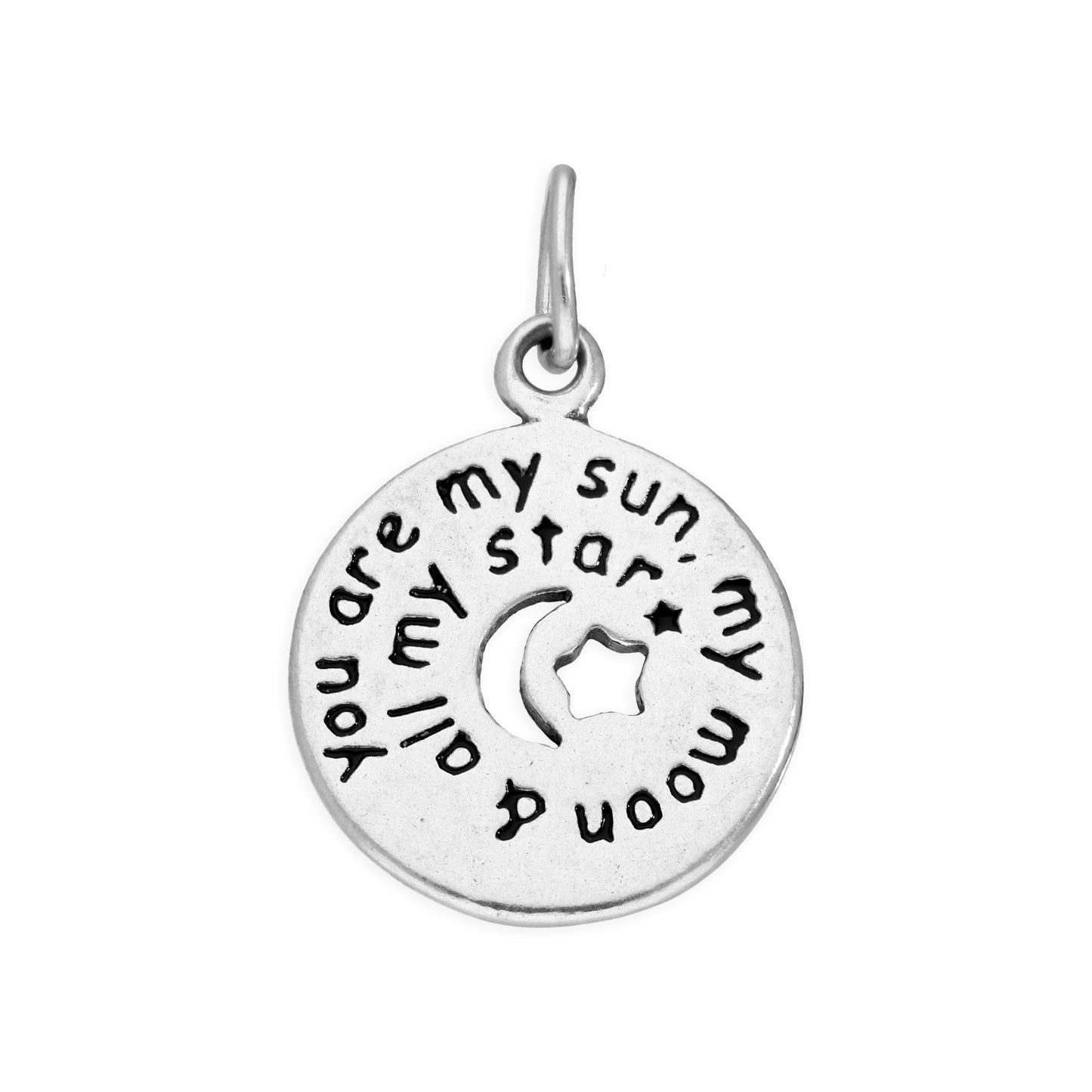 Sterling Silver Round Message Charm with Cut Out Moon & Stars