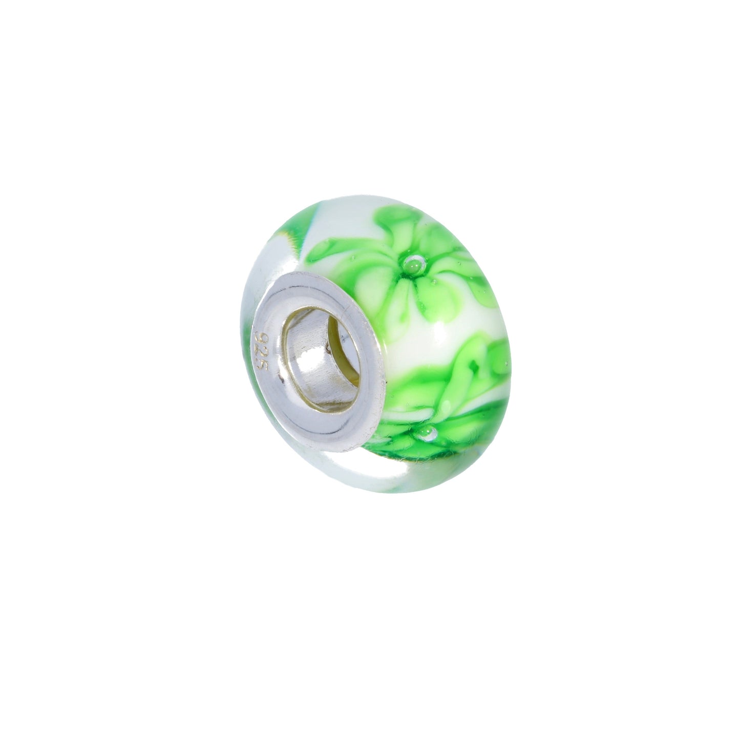 Sterling Silver & Green Glass Bead Charm with Flowers
