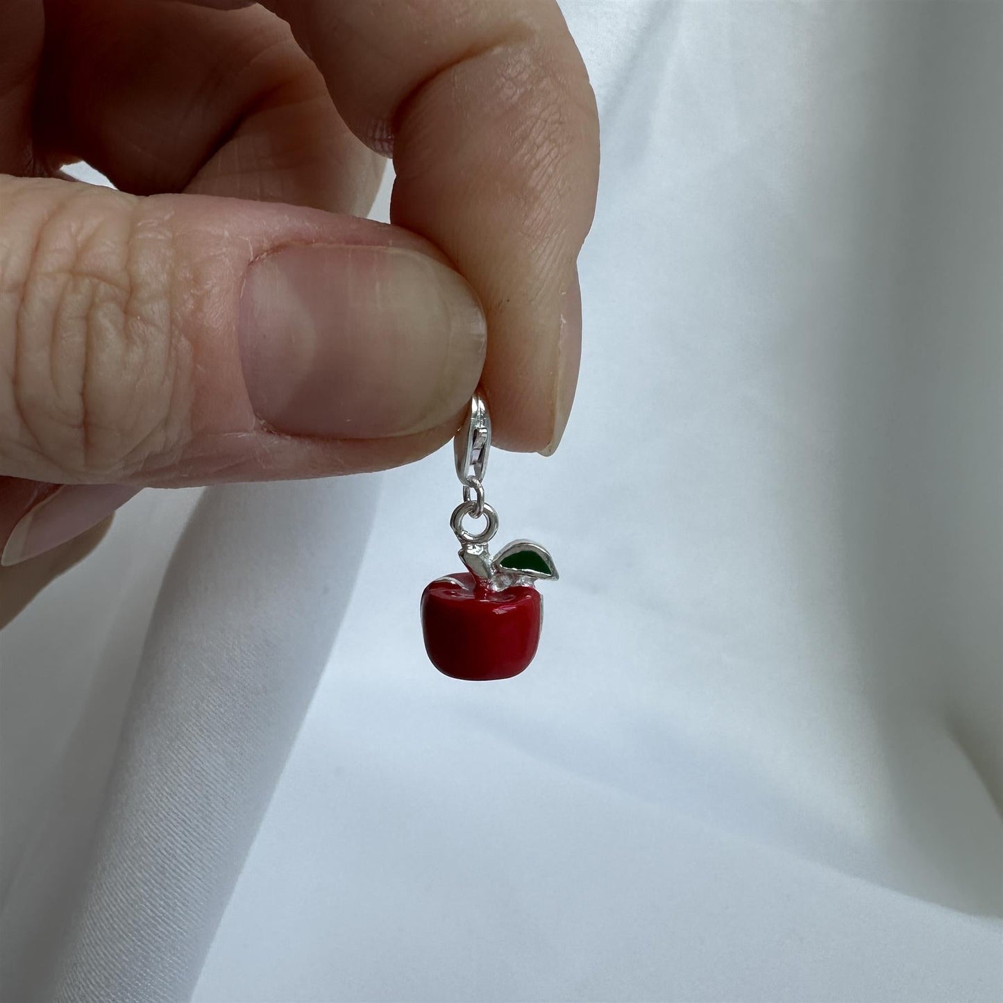 Sterling Silver & Enamel Red Apple Clip On Charm