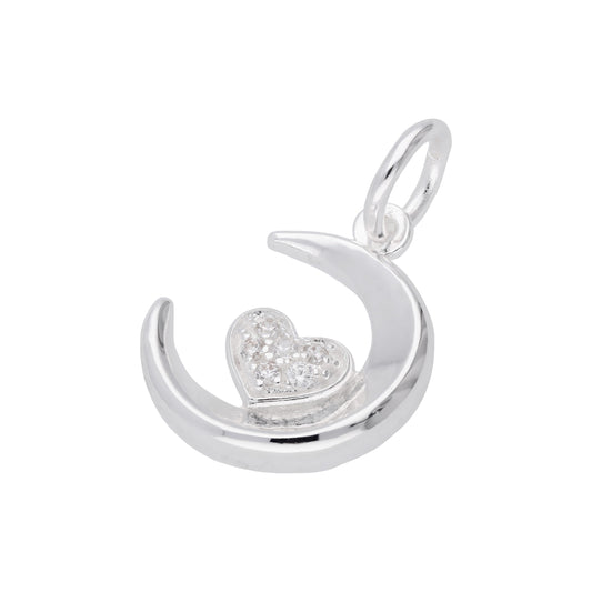 Sterling Silver & CZ Crescent Moon & Heart Charm