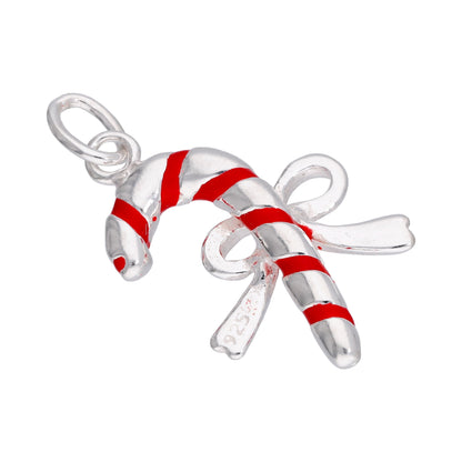 Sterling Silver Candy Cane Bow Red Enamel Charm