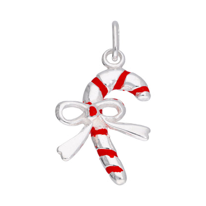 Sterling Silver Candy Cane Bow Red Enamel Charm
