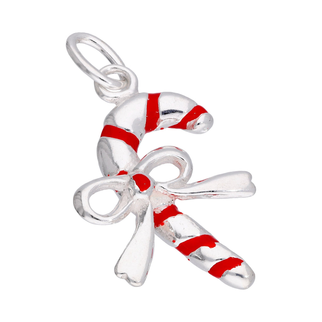 Sterling Silver Candy Cane Bow Red Enamel Charm