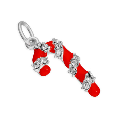 Sterling Silver Candy Cane Clear CZ Red Enamel Charm