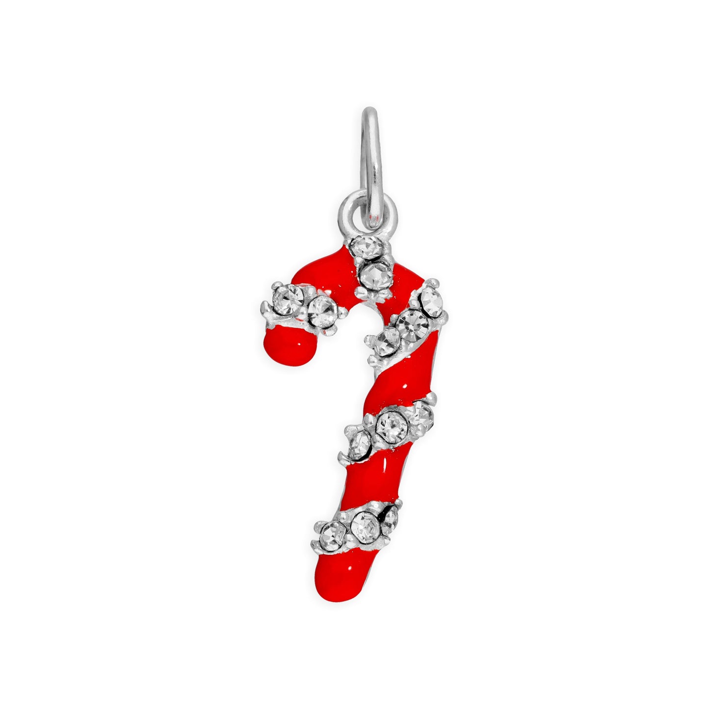 Sterling Silver Candy Cane Clear CZ Red Enamel Charm