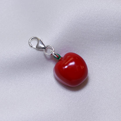 Large Sterling Silver Red Enamel Apple Clip on Charm