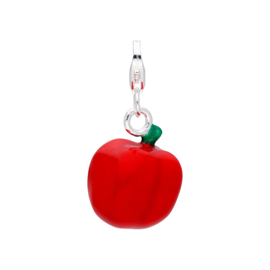 Large Sterling Silver Red Enamel Apple Clip on Charm