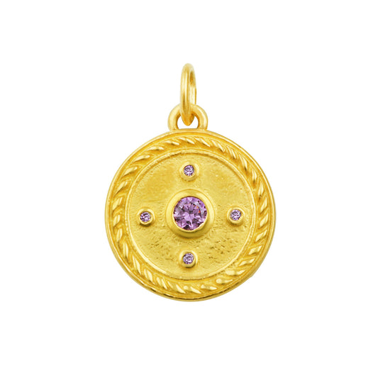 Gold Plated Sterling Silver Amethyst CZ Rope Medallion Charm