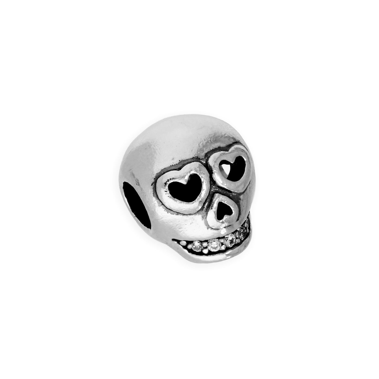 Sterling Silver & Clear CZ Crystal Skull w Hearts Bead Charm