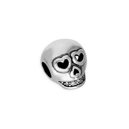 Sterling Silver & Clear CZ Crystal Skull w Hearts Bead Charm