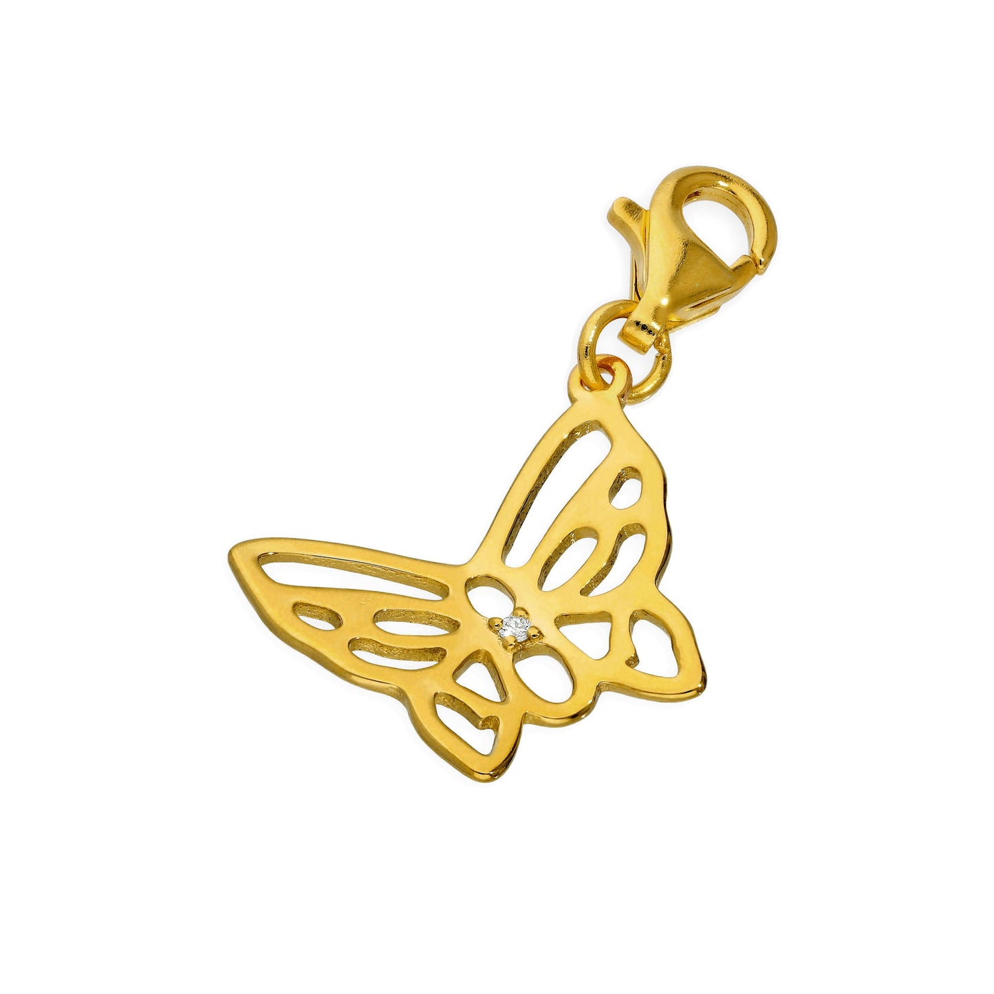 Gold Plated Sterling Silver & Genuine Diamond Open Butterfly Clip on Charm