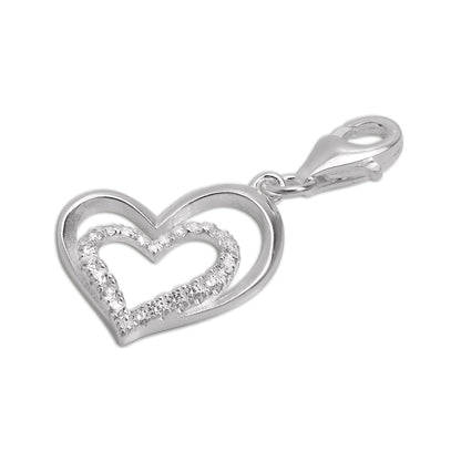 Sterling Silver & CZ Crystal Double Open Heart Clip on Charm