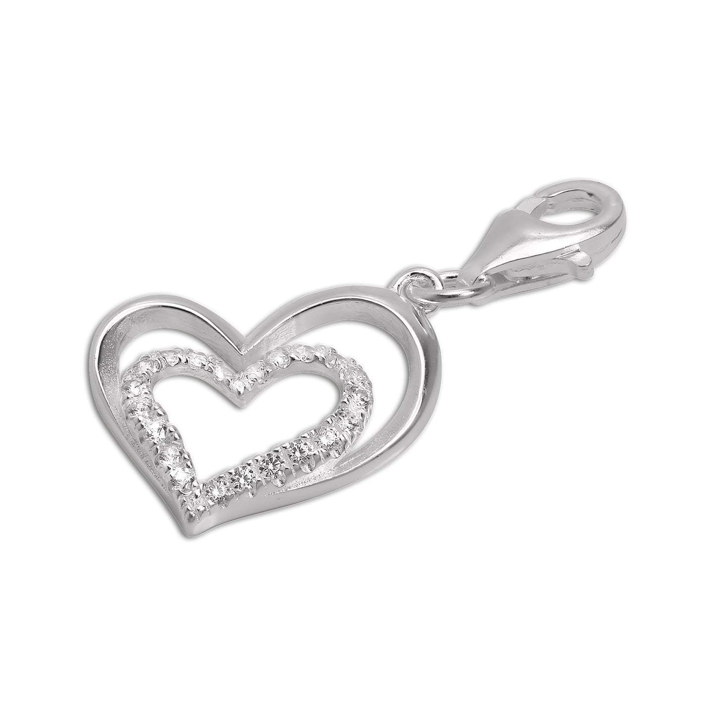 Sterling Silver & CZ Crystal Double Open Heart Clip on Charm