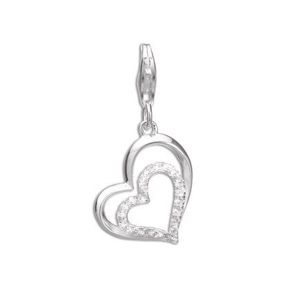 Sterling Silver & CZ Crystal Double Open Heart Clip on Charm