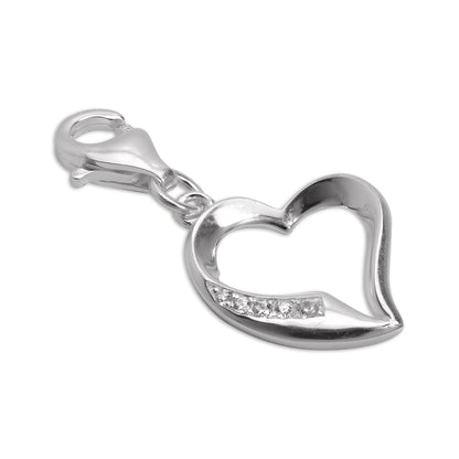 Sterling Silver & CZ Crystal Open Heart Clip on Charm