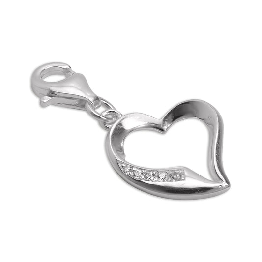 Sterling Silver & CZ Crystal Open Heart Clip on Charm
