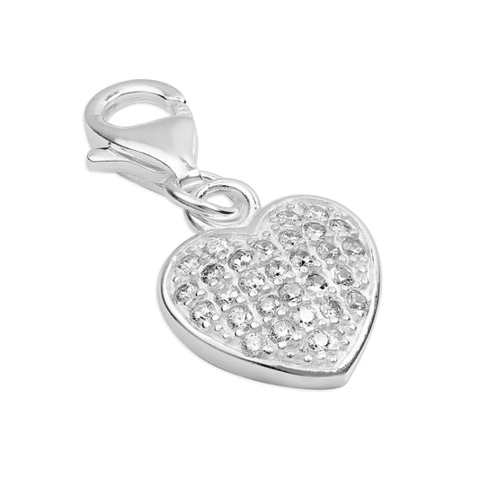 Sterling Silver CZ Crystal Encrusted Heart Clip on Charm