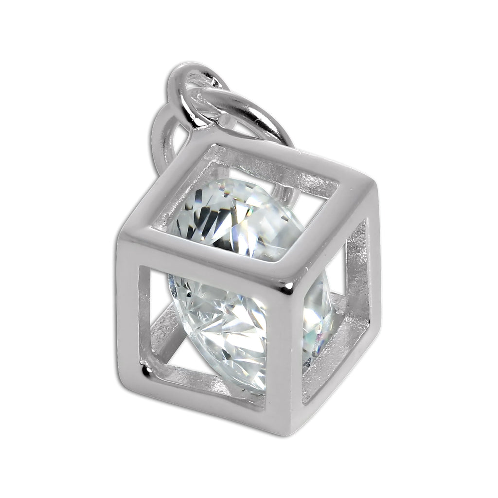 Sterling Silver Open Cube Charm with CZ Crystal