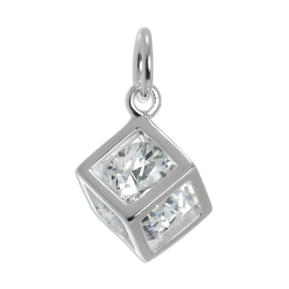 Sterling Silver Open Cube Charm with CZ Crystal