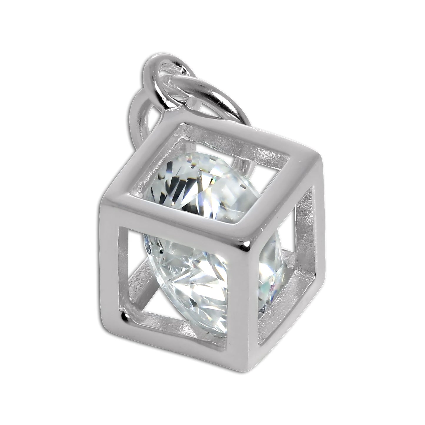 Sterling Silver Open Cube Charm with CZ Crystal