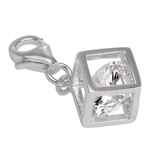 Sterling Silver Open Cube Clip on Charm with CZ Crystal