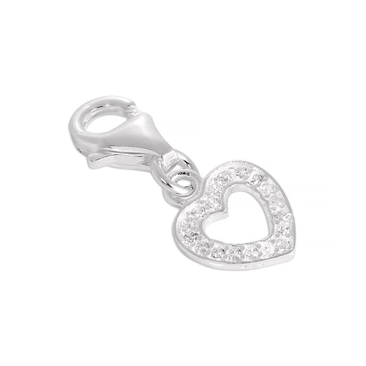 Sterling Silver & CZ Crystal Encrusted Open Heart Clip on Charm