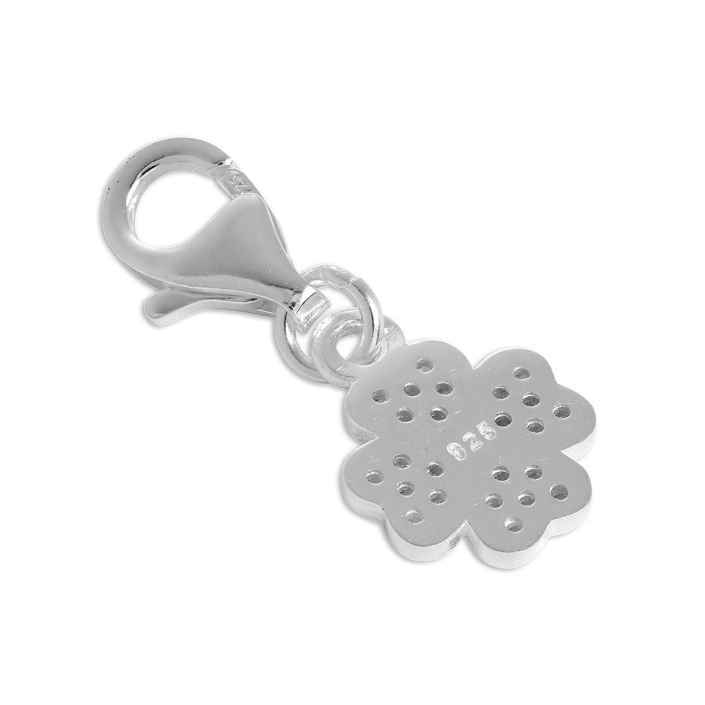 CZ Crystal Encrusted Sterling Silver Lucky 4 Leaf Clover Clip on Charm
