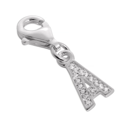 Small Sterling Silver & CZ Crystal Initial Letter Clip-on Charm A - Z