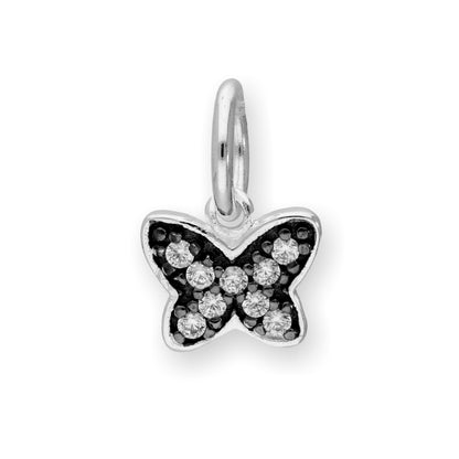 Sterling Silver & Clear CZ Crystal Butterfly Charm w Black Rhodium