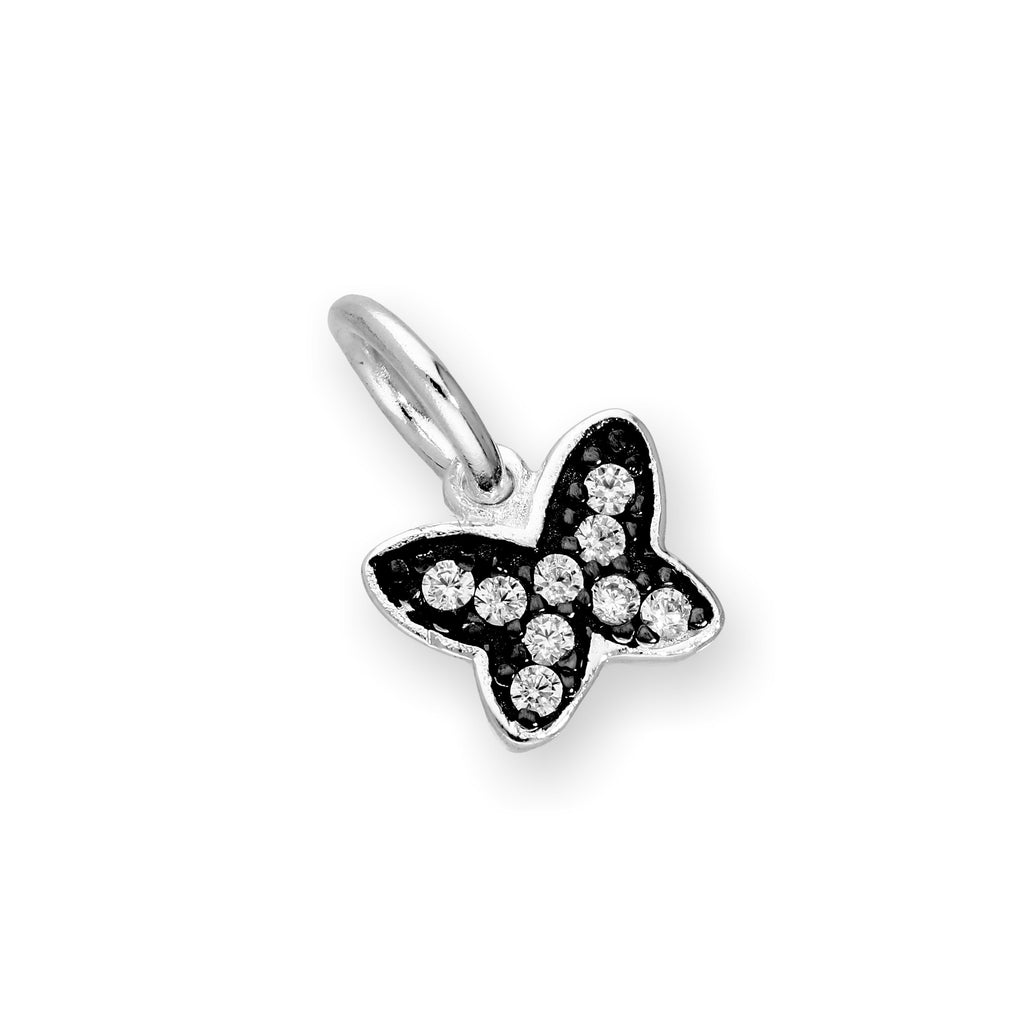 Sterling Silver & Clear CZ Crystal Butterfly Charm w Black Rhodium