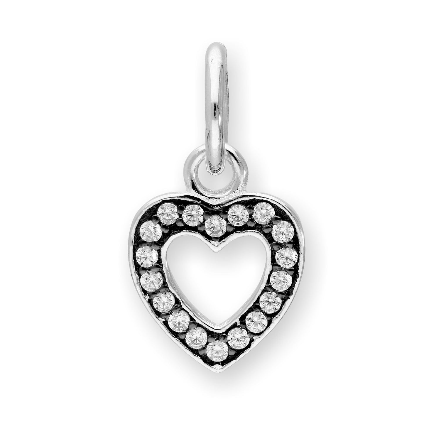 Sterling Silver & Clear CZ Crystal Open Heart Charm w Black Rhodium