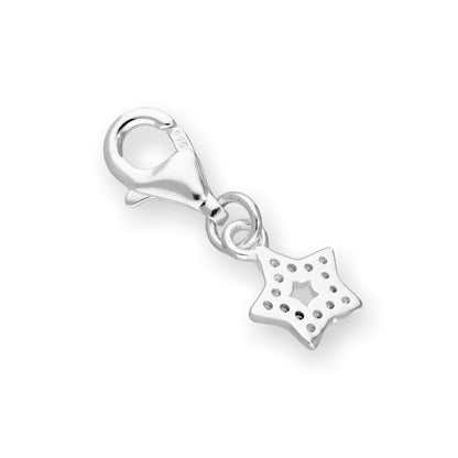 Sterling Silver & Clear CZ Crystal Open Star Clip On Charm w Black Rhodium