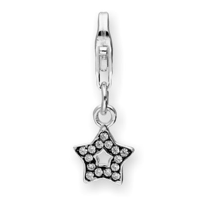 Sterling Silver & Clear CZ Crystal Open Star Clip On Charm w Black Rhodium