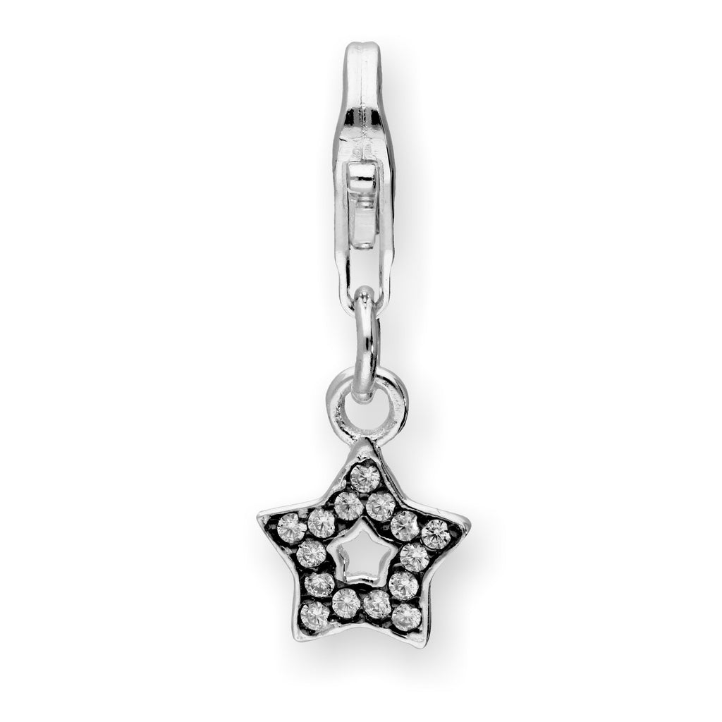 Sterling Silver & Clear CZ Crystal Open Star Clip On Charm w Black Rhodium
