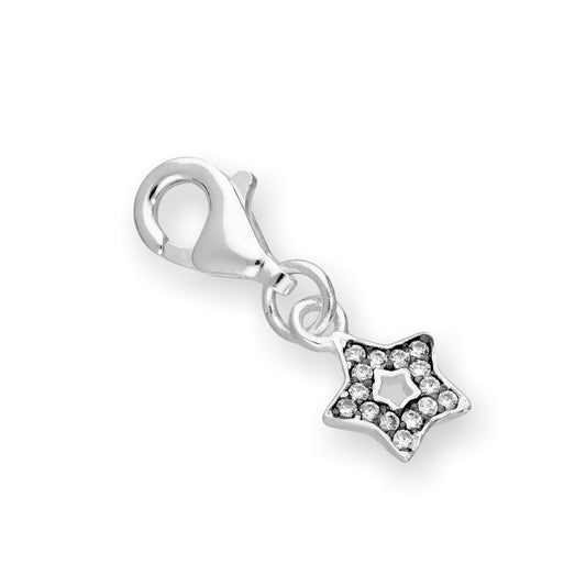 Sterling Silver & Clear CZ Crystal Open Star Clip On Charm w Black Rhodium