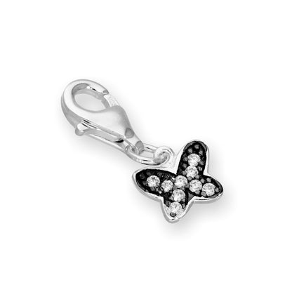 Sterling Silver & Clear CZ Crystal Butterfly Clip On Charm w Black Rhodium