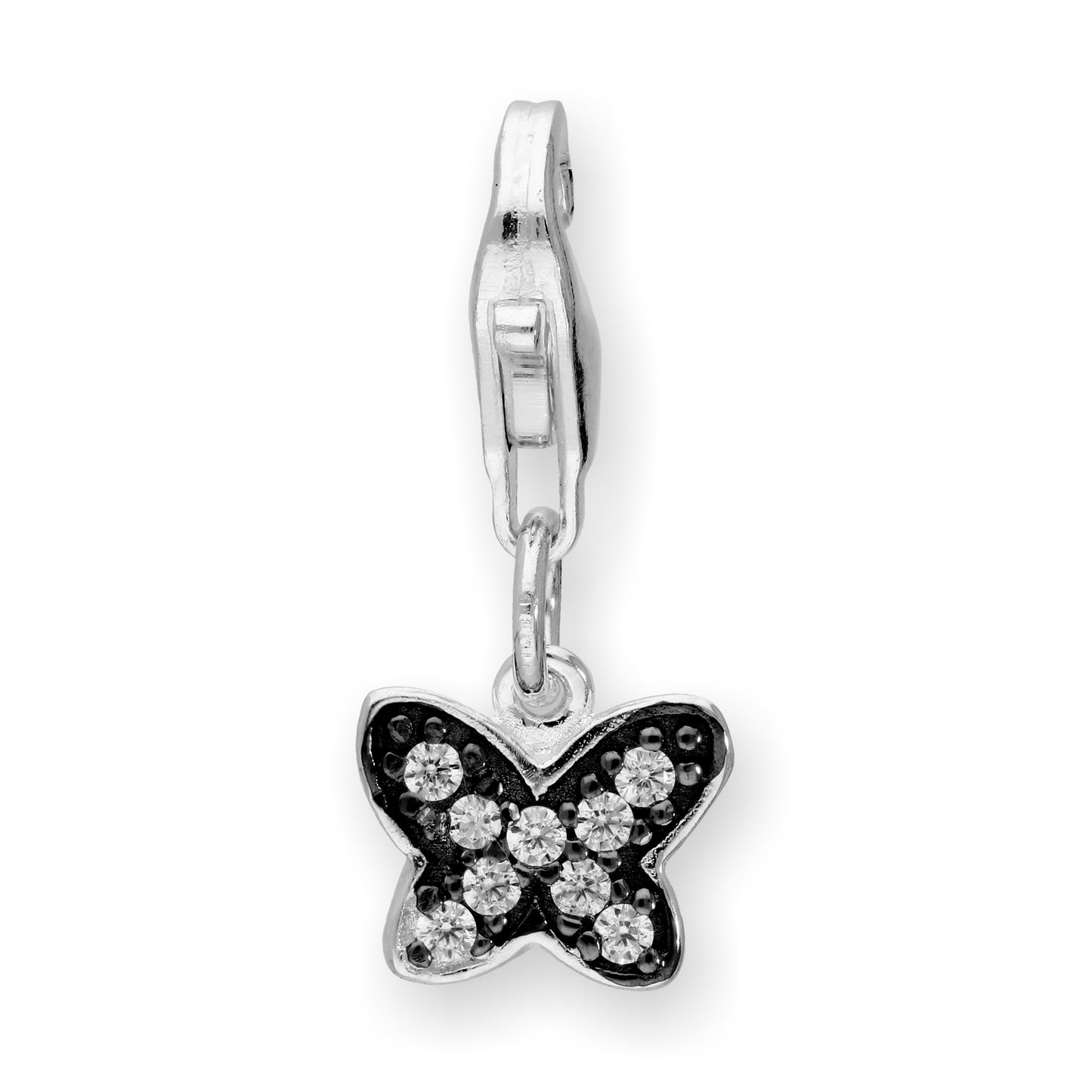 Sterling Silver & Clear CZ Crystal Butterfly Clip On Charm w Black Rhodium
