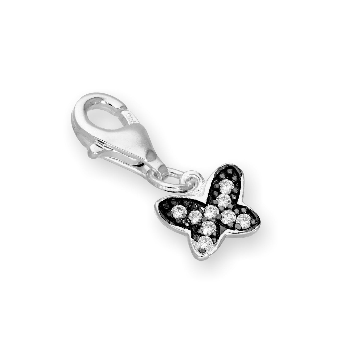 Sterling Silver & Clear CZ Crystal Butterfly Clip On Charm w Black Rhodium