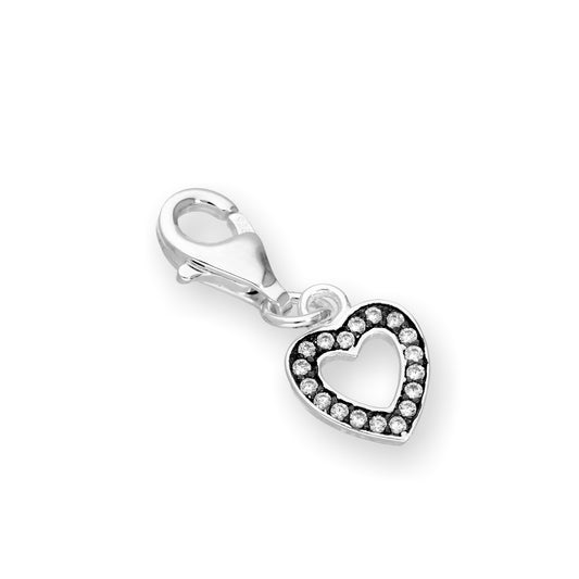 Sterling Silver & Clear CZ Crystal Open Heart Clip On Charm w Black Rhodium